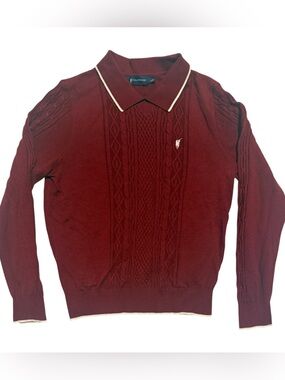 Women's  Cable Knit Polo Sweater — Burgundy with Cream Trim